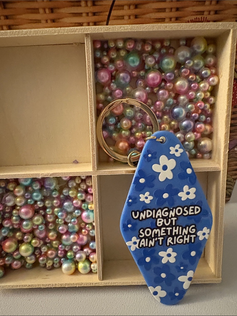Hand Crafted Blue Floral Key Tag "Undiagnosed But Something Ain't Right"